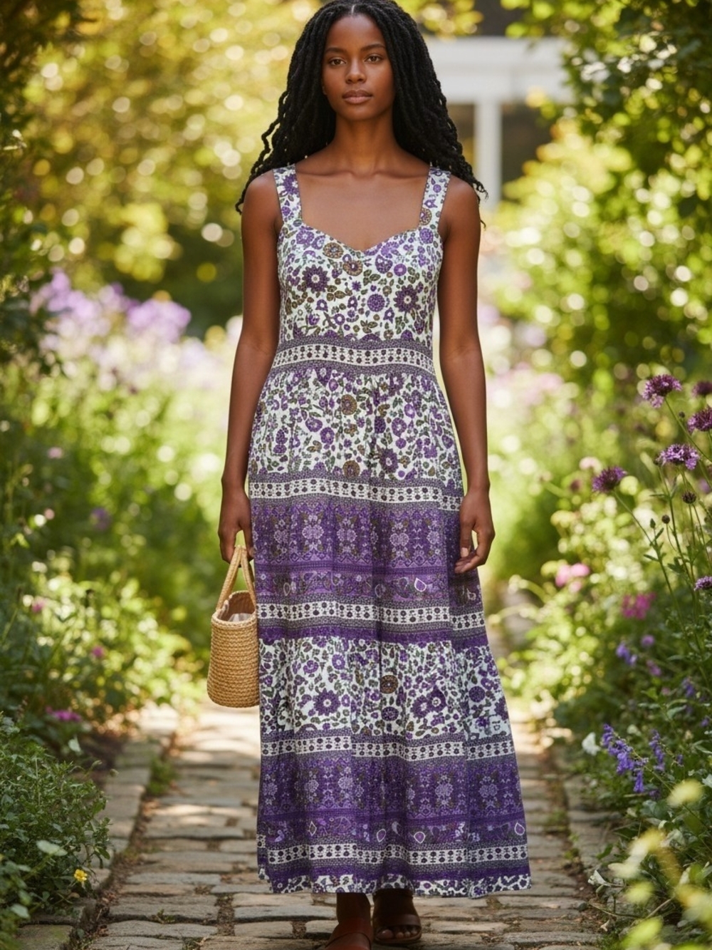 Umgee Purple Floral Tiered Maxi Dress with White Accents